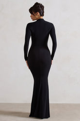 Black High-Neck Long Sleeve Knot Maxi Dress